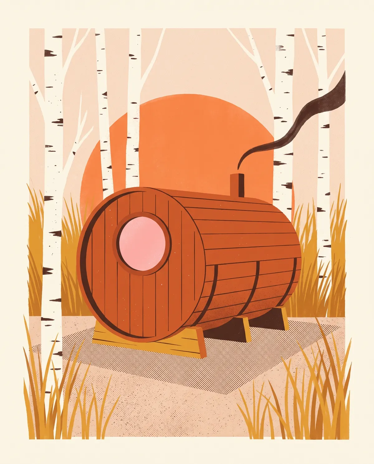 Print-style illustration of a cedar barrel sauna on a wooden cradle among birch trees, a round window glowing and steam drifting from its chimney.