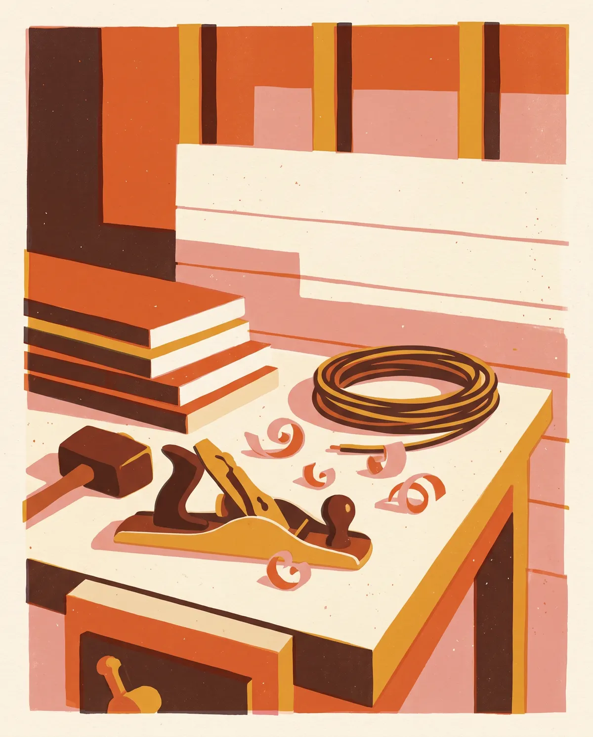 Print-style illustration of a carpenter's workbench with stacked cedar boards, a mallet, a hand plane, wood shavings and a coil of cable, a half-paneled sauna wall behind.