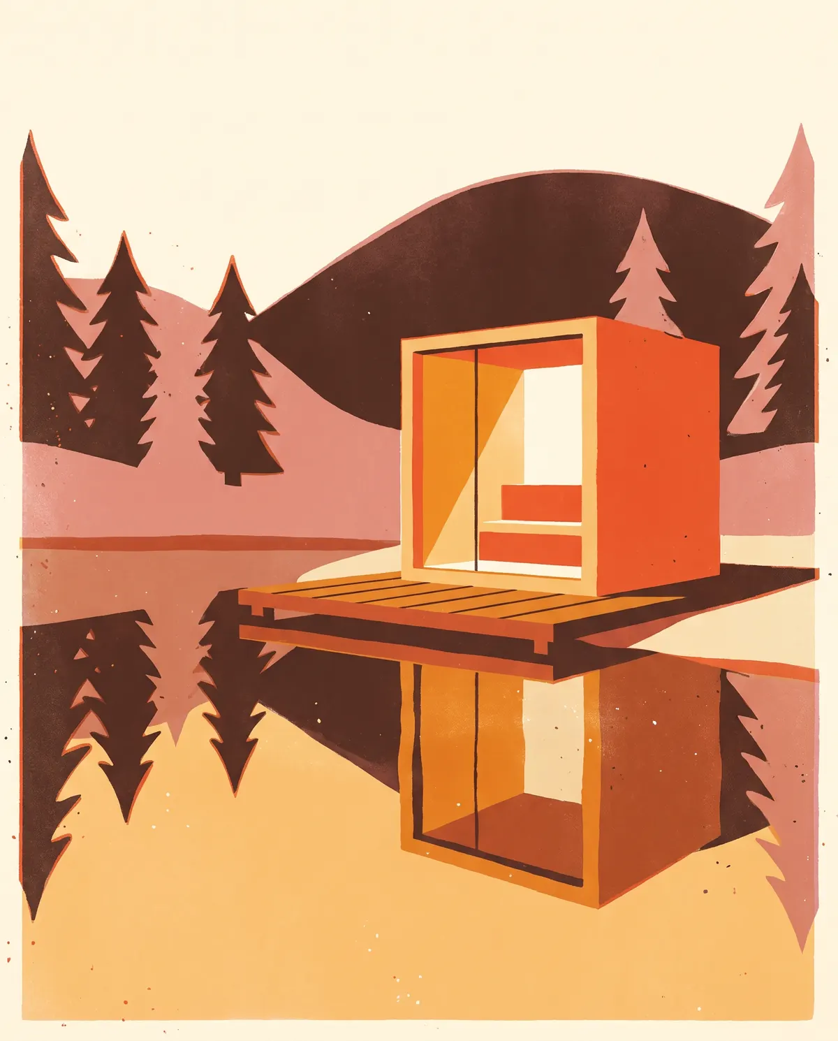 Print-style illustration of a modern cube sauna with a glass front on a timber deck at the edge of a still lake, pine trees behind.