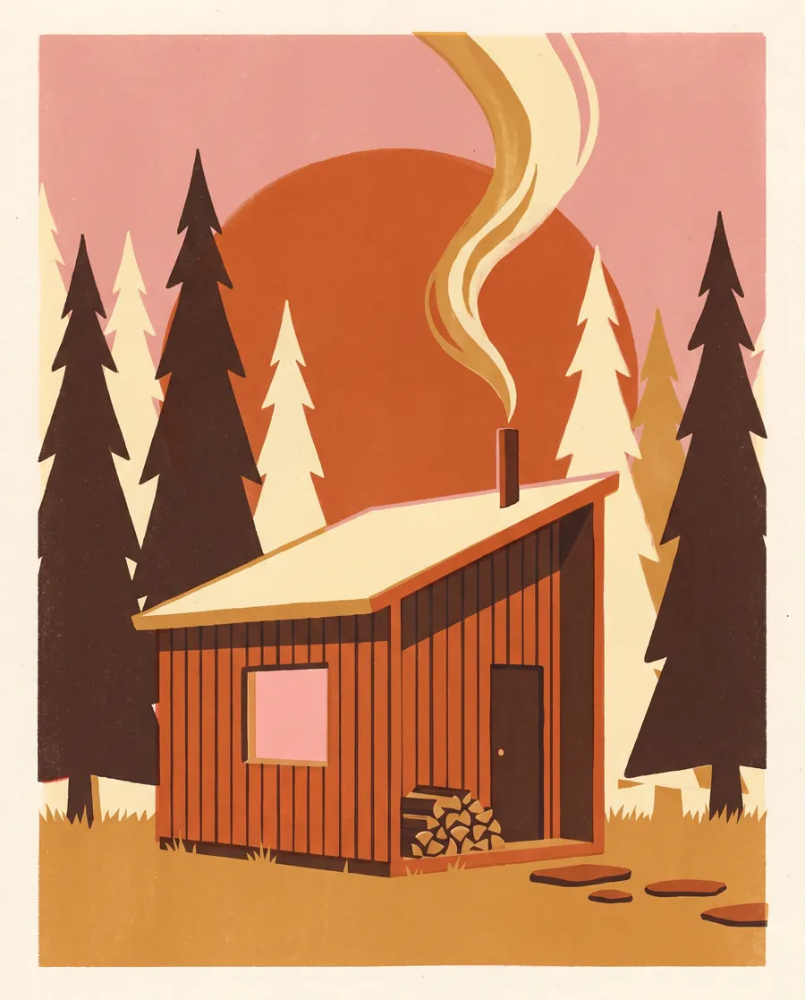 Print-style illustration of a small wooden cabin sauna with a shed roof among tall spruce trees, a curl of steam rising from its chimney toward a large setting sun.