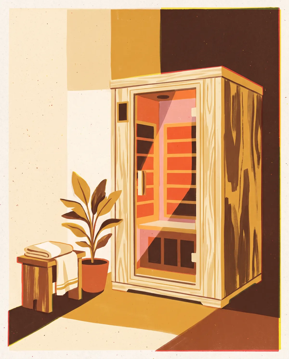 Print-style illustration of a pale-wood indoor infrared sauna cabinet with a glass door, its panels glowing, beside a stool with a folded towel and a potted plant.