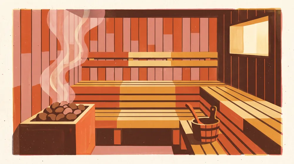 Print-style illustration of an empty sauna interior with two tiers of slatted benches, a heater full of stones with steam rising, and a wooden bucket and ladle.