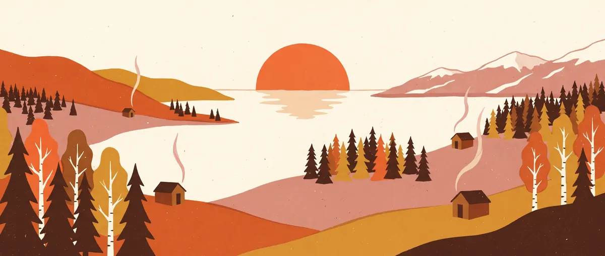Print-style panorama of hills, a lake, pine and birch forests and distant snowy mountains, with small sauna huts sending up steam across the land under a low sun.