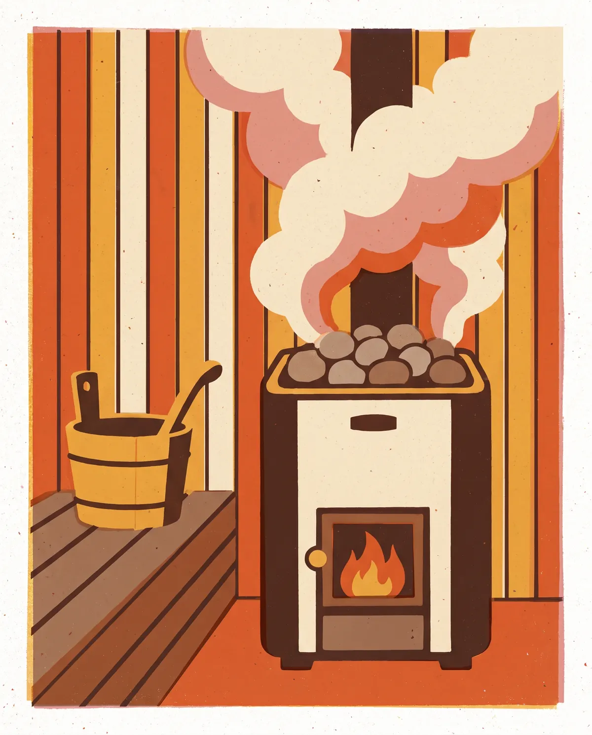 Print-style illustration of a wood-burning sauna stove with a fire behind its door and stones on top, steam billowing, a wooden bucket and ladle on the bench.
